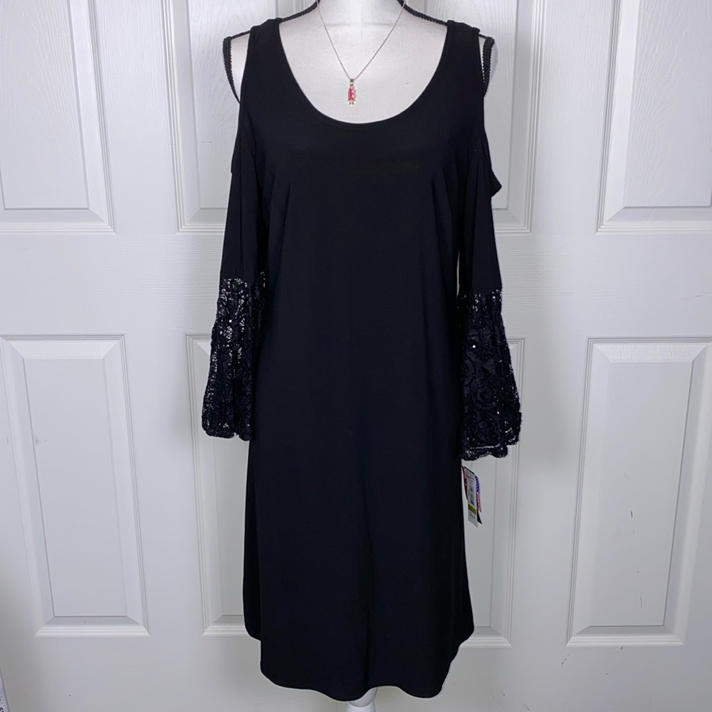 NWT! R & M Richard’s- black sequins cold shoulder dress Sz 14